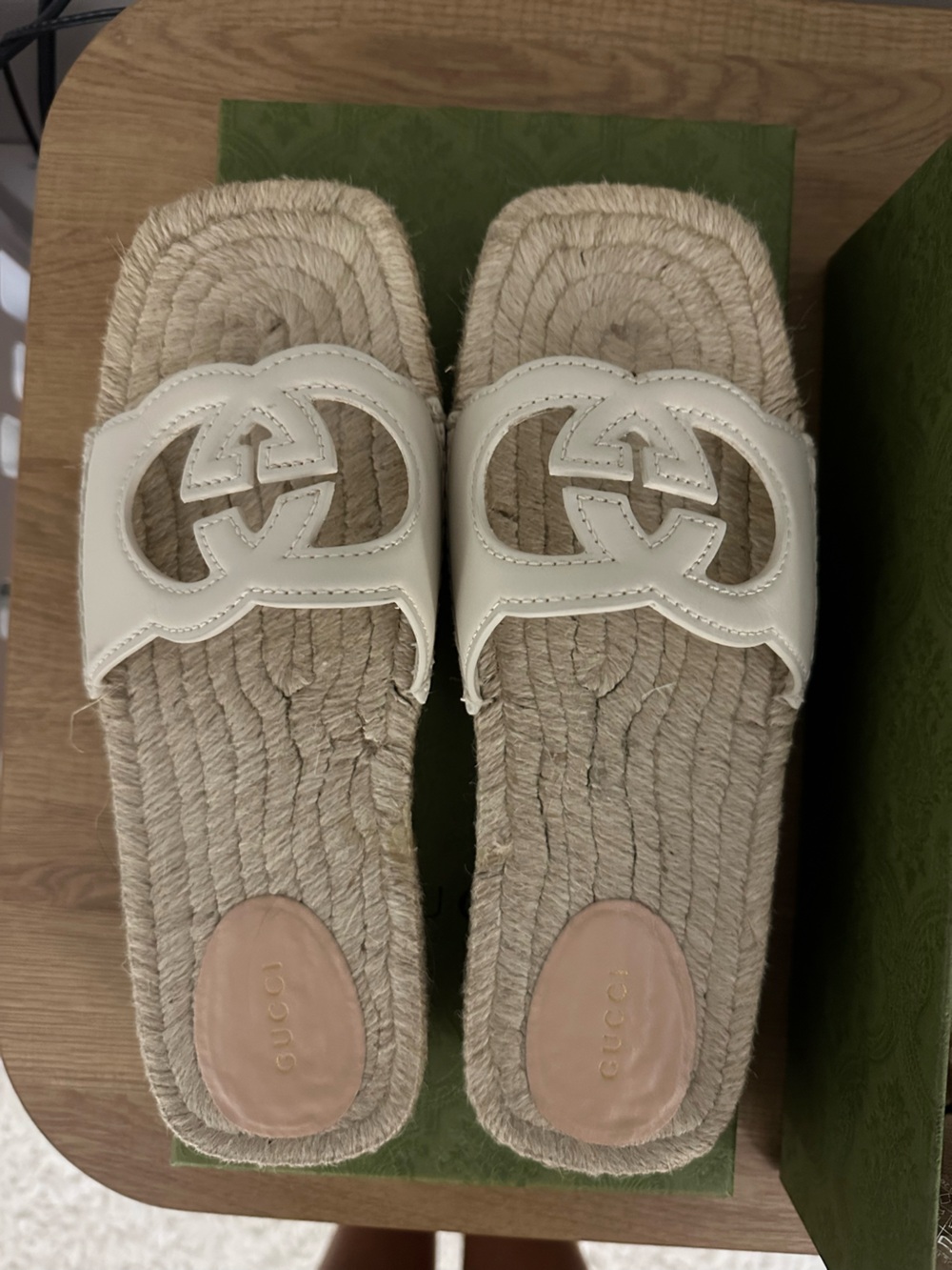 Cream Gucci Naty Interlocking G Cut-out Espadrille Slides